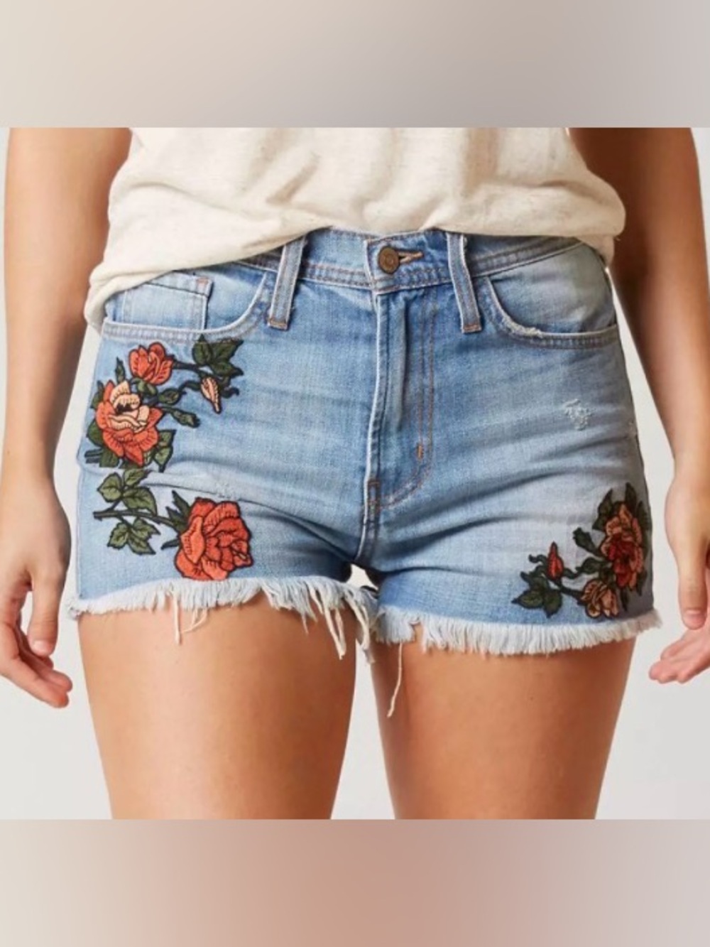 Flying Monkey Light Blue Denim Shorts with Red & Pink Rose Embroidery